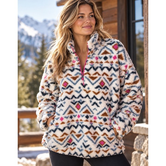 Eddie Bauer Sweaters - Eddie Bauer Women's XL Sherpa Fleece Quarter-Zip Pullover Southwestern Geometric